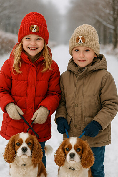 byebruketenci Beretă pentru copii din lână roșie cu figurină de câine și deta...