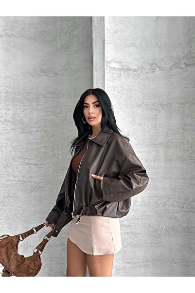 Store PB Kadın Kahverengi Fermuarlı Kemer Detaylı Oversize Suni Deri Ceket