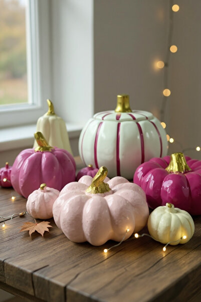 Roses Balkabağı Dekor Set Metalik Boyalı Tam Takım Set Halloween Pumpkın