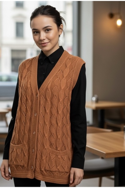 Çeyizcim Orange Knitwear Knitted Vest with Pockets and Buttons
