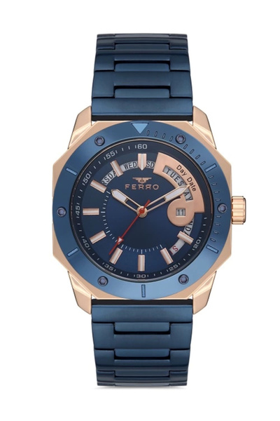 FERRO ساعة يد رجالية بسوار فولاذي باللون الأزرق الداكن F11198A-T 3 ATM مقاومة للماء ضمان لمدة عامين مع عبوة هدايا