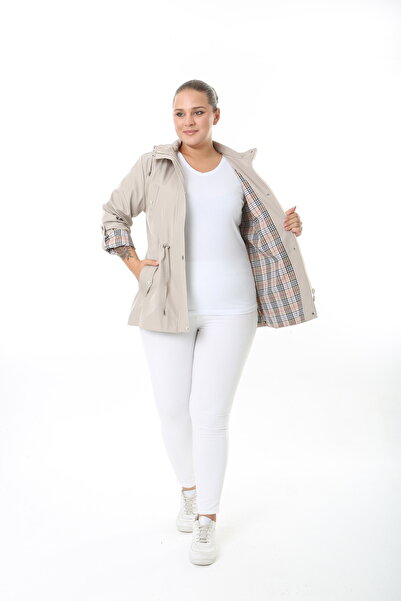 TUTveAL Collection Water Resistant Trench Coat, Hooded, Plaid, Cream Trench Coat Bonded Fabric Trench Coat