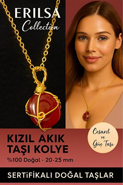 Tesbih Atölyesi قلادة من حجر العقيق اليمني الأحمر الطبيعي الملون بالذهبي مع سلك ملفوف معتمد - حجر الشجاعة والقوة