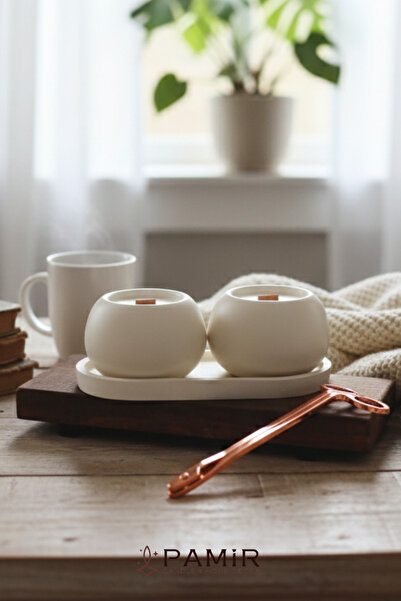 pamircandles Dekoratif 2'li Coconut Kokulu Mum Ve Oval Tabak Set 3'lü Şamdanl...