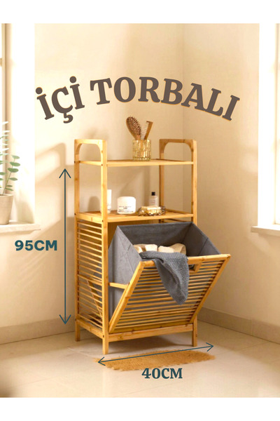 KRY Bambu 2 Raflı (Torbalı) Kirli Çamaşır Sepeti–Çok Amaçlı Modern Banyo Düzenleyici Organizer