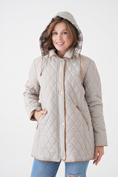 Butik Plus Size Cotton Plaid Quilted Coat - Hooded Seasonal Coat (Mg001)