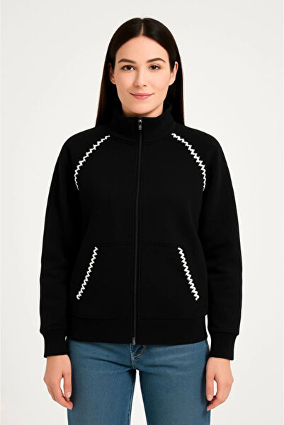 mzpkartan Oversize high neck zippered sweatshirt - kangaroo pocket with chain embroidery, - black
