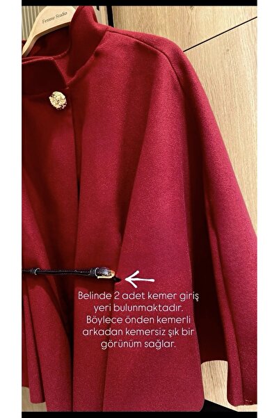 FEMMESTUDIO Women's Burgundy Belted Gold Buttoned Cashmere Textured Poncho