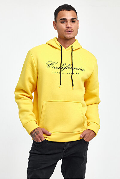 Superlife Ανδρικό φούτερ με κουκούλα, άνετο και άνετο, με εσωτερικό φλις, 3 κλωστές, EL Written California Printed Sweatshirt spr24sw03