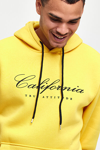 Superlife Ανδρικό φούτερ με κουκούλα, άνετο και άνετο, με εσωτερικό φλις, 3 κλωστές, EL Written California Printed Sweatshirt spr24sw03