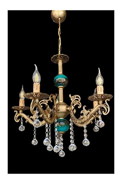 DEDE BEŞ KOLLU KRİSTAL TOP TAŞLI ESKİTME KAPLAMALI MAVİ SİYAH ÇİNİLİ METAL AVİZE