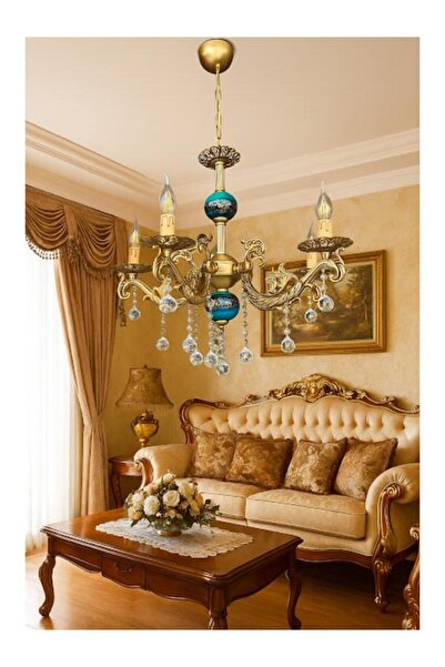 DEDE BEŞ KOLLU KRİSTAL TOP TAŞLI ESKİTME KAPLAMALI MAVİ SİYAH ÇİNİLİ METAL AVİZE