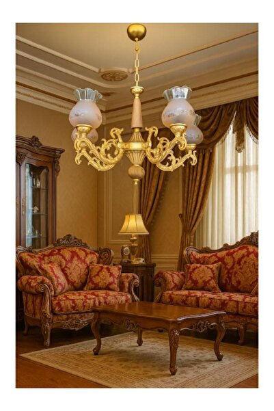 DEDE Doğal Ahşaplı Yarı Mat Gold Boyalı Desenli Bal Camlı Beş Kollu Avize