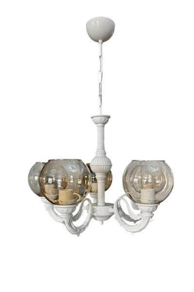 DEDE RİGA ZAMAK BEŞ KOLLU AVİZE STATİK BEYAZ BOYALI BAL RENGİ CAMLI