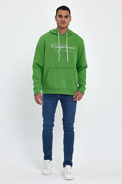 Superlife Ανδρικό φούτερ με κουκούλα, άνετο και άνετο, με εσωτερικό φλις, 3 κλωστές, EL Written California Printed Sweatshirt spr24sw03
