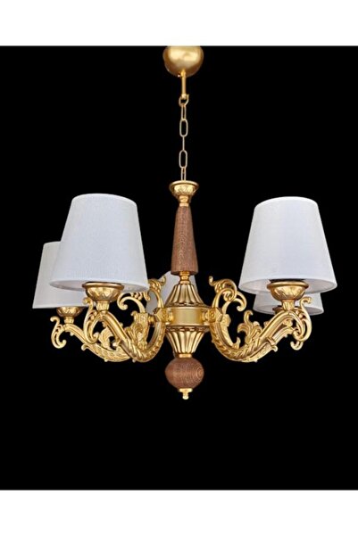 DEDE DOĞAL AHŞAPLI YARIMAT GOLD BOYALI BEŞ KOLLU KREM ŞAPKALI AVİZE