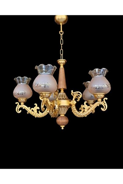 DEDE Doğal Ahşaplı Yarı Mat Gold Boyalı Desenli Bal Camlı Beş Kollu Avize