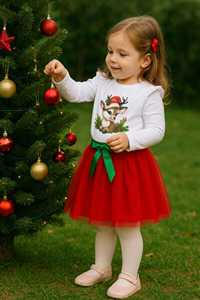Nimini Kids Yılbaşı Geyik Baskılı Fırfır Detaylı Kırmızı Beyaz Tütü Etekli Bluz Alt Üst Takım (2-6 YAŞ ARASI)