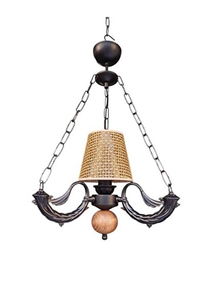 DEDE TEKLİ RİGA AVİZE ZİNCİRLİ SİYAH RATTAN HASIR KAHVERENGİ ŞAPKALI