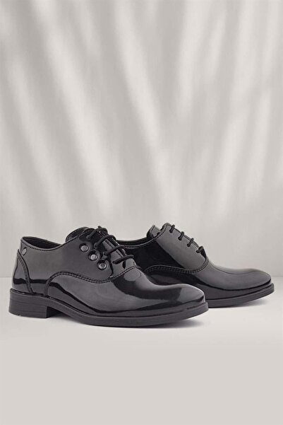 Rakerplus Pantofi clasici pentru copii din piele lacuita neagra cu sireturi c...