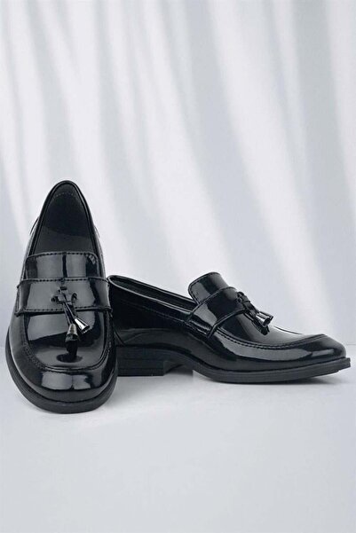 Rakerplus Loafer Pantofi clasici pentru copii pentru bărbați din piele lacuită neagră