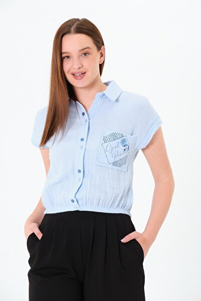 Sortie Collection Cămașă de damă, culoare albastră, cu talie elastică, cu mânecă scurtă, buzunar cu imprimeu lungime midi, din muselină