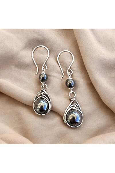 Aksesuar Gümüş Tel Sarma Hematit Doğal Taş Küpe