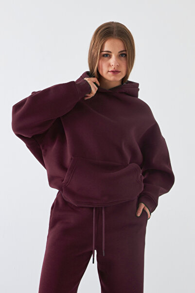 Gia Collection Σετ φόρμας Unisex Oversize Claret Red – Basic, 3-κλωνο ριγέ φλις; Φούτερ με κουκούλα, ελαστικό κάτω μέρος
