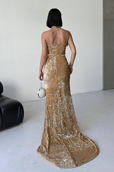 ALFUDO Moda Collection Trend Pul Payetli Tüy Detaylı Abiye Kadife Gri Elbise