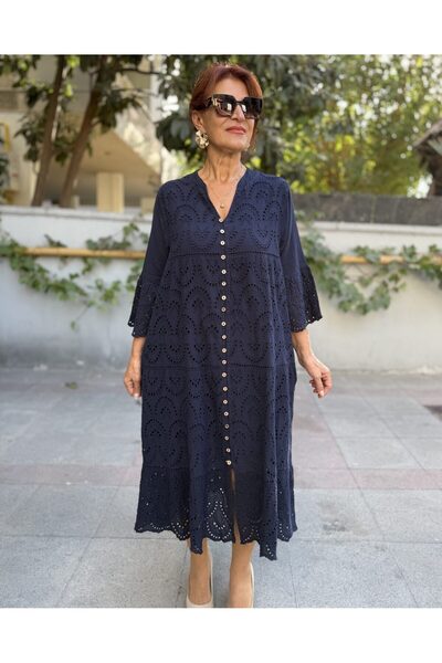 DenizEge All Button Brode Dress Navy Blue