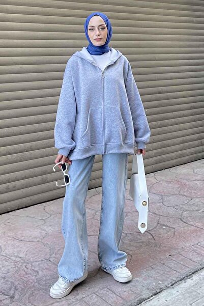 lamelif Hanorac simplu gri - Fermoar frontal