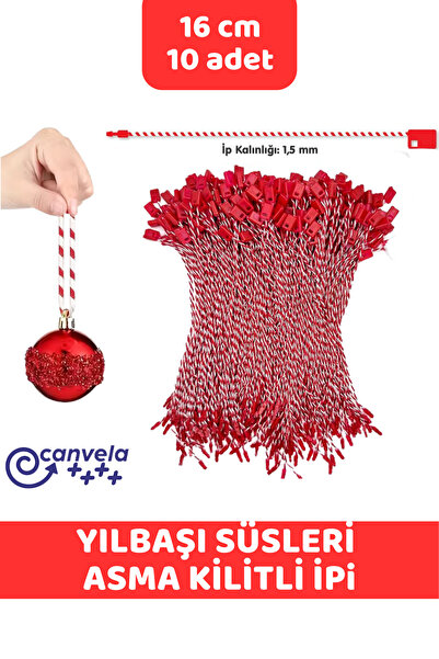 CANVELA Yılbaşı Süsleri Asma İpi Kırmızı Beyaz Kilitli İp Renkli Etiket Bağla...