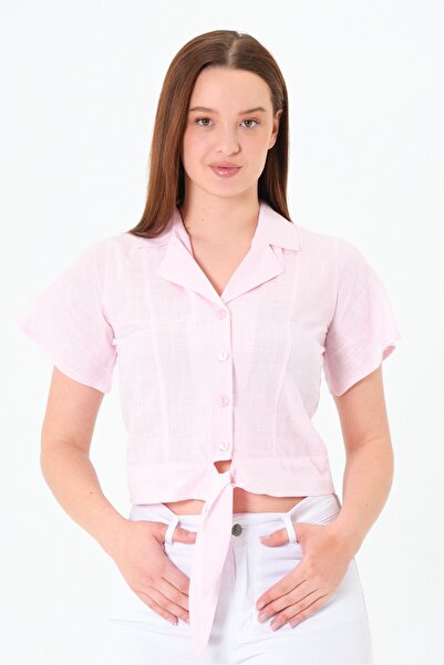 Sortie Collection Kadın Dose Signature Baskılı Ceket Yakalı, Önü Bağlamalı Gömlek, Kısa Kollu, Dokuma Pembe Gömlek