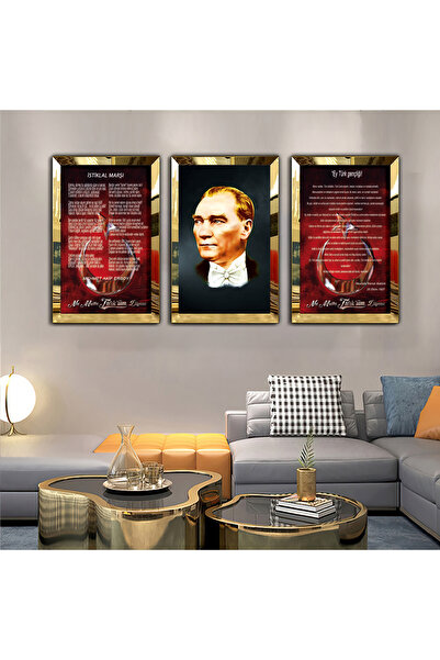 Zevahir Mobilya Dekorasyon Gold Aynalı Pleksi Çerçeveli Atatürk Istiklal Marşı Ve Gençliğe Hitabe Üçlü Mdf Tablo Seti