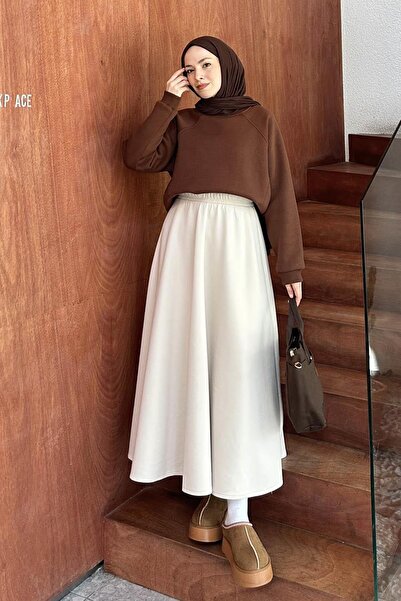 lamelif Düşük Omuz Üç İplik Sweatshirt Acı Kahverengi