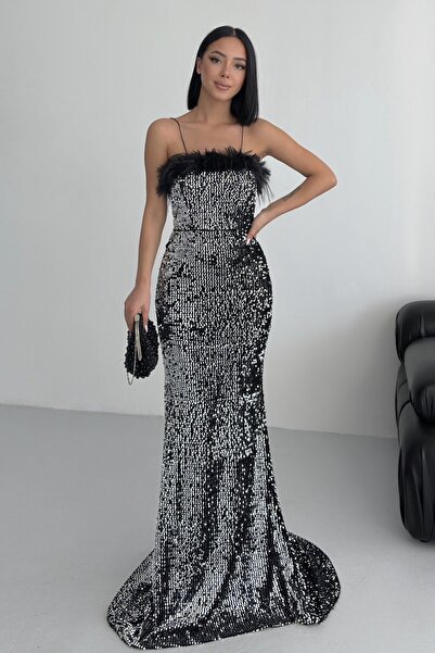 ALFUDO Moda Collection Trendy Pul Sequined Feather Detailed Evening Dress Velvet Gray Dress