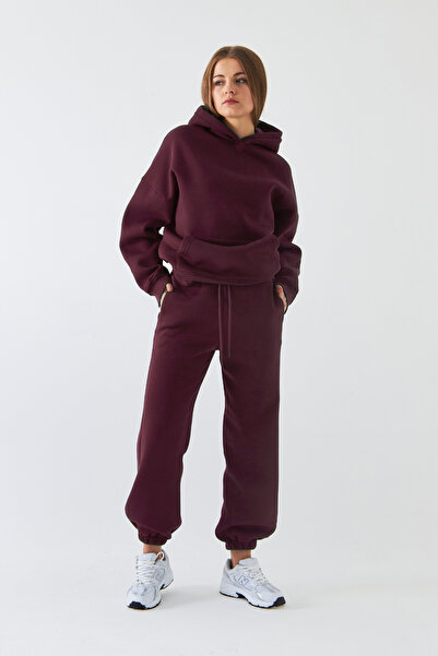 Gia Collection Σετ φόρμας Unisex Oversize Claret Red – Basic, 3-κλωνο ριγέ φλις; Φούτερ με κουκούλα, ελαστικό κάτω μέρος