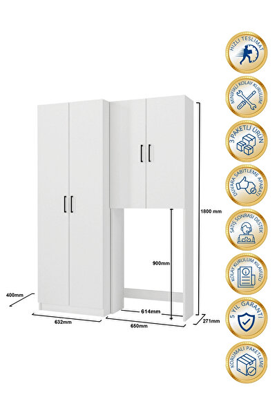 dorpek Ternos Çamaşır Makinesi Dolabı & Tuco 2 Kapaklı 5 Raflı Çok Amaçlı Dolap Kiler Dolabı Beyaz