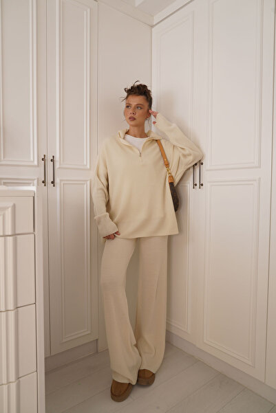 SeninOlsun Ekru Fitilli Triko Takım