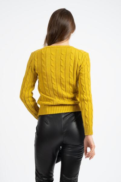 RTD&VLD Kadın Vt112 V Yaka Örgü Desen Triko Kazak Hardal %100 Pamuk