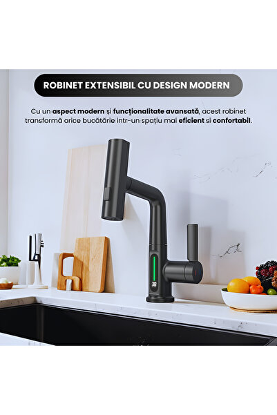 OEM Robinet cu design unic, cu afișaj LED pentru temperatură, finisaj negru mat - Model KNF807B