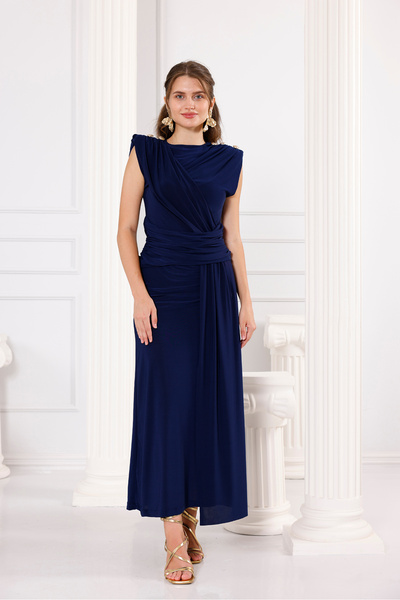 Moda Palmiss Kadın Lacivert Büzgü Detaylı Omuz Aksesuarlı Kolsuz Sandy Abiye Elbise