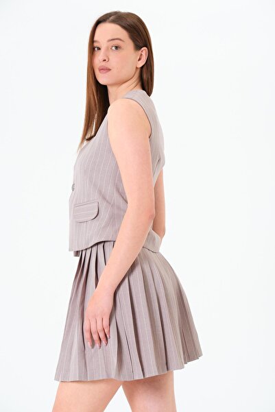 Sortie Collection Women's Gray Color V-Neck Striped Midi Length 2 Button Vest