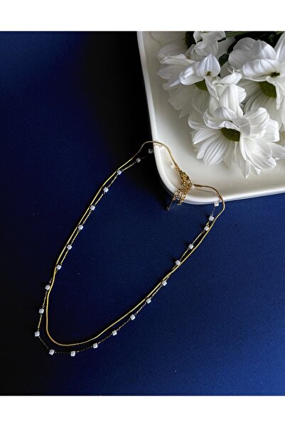 Fynbos Set of 2 Stainless Steel Necklaces – Gold Color Chain & White Cube Crystal Bead Detailed Necklace