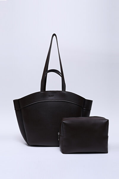 SHAKA Kahve Rengi Shk163 Çift Askılı , Makyaj Çantalı, Çıtçıtlı Büyük Boy El,...