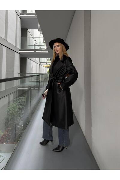 Angel Mia Winter Deri Trençkot Siyah
