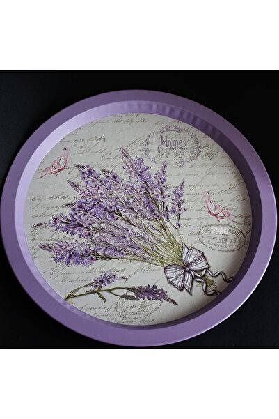 PUFO Round metal plate type tray Sweet home of lavender for serving dessert, cakes, appetizers, 33 cm