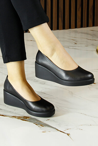 Erkan Saçmacı Mabel Black Genuine Calf Leather Wedge Heeled Casual Shoes