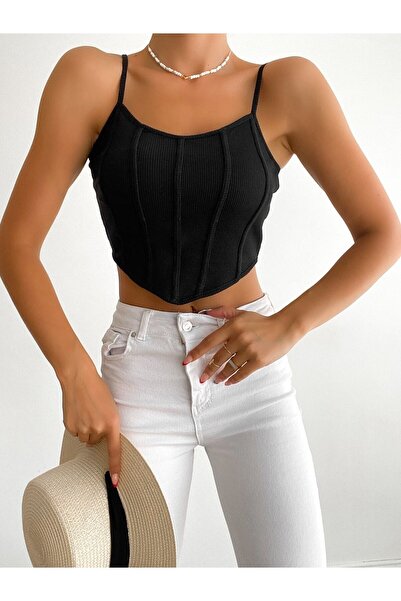 QUTTA Crop negru cu dungi asimetrice cu nervuri