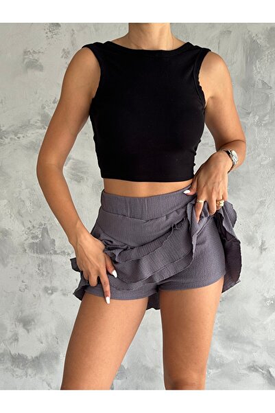 QUTTA Kadın Gri Bürümcük Kumaş Şort Etek